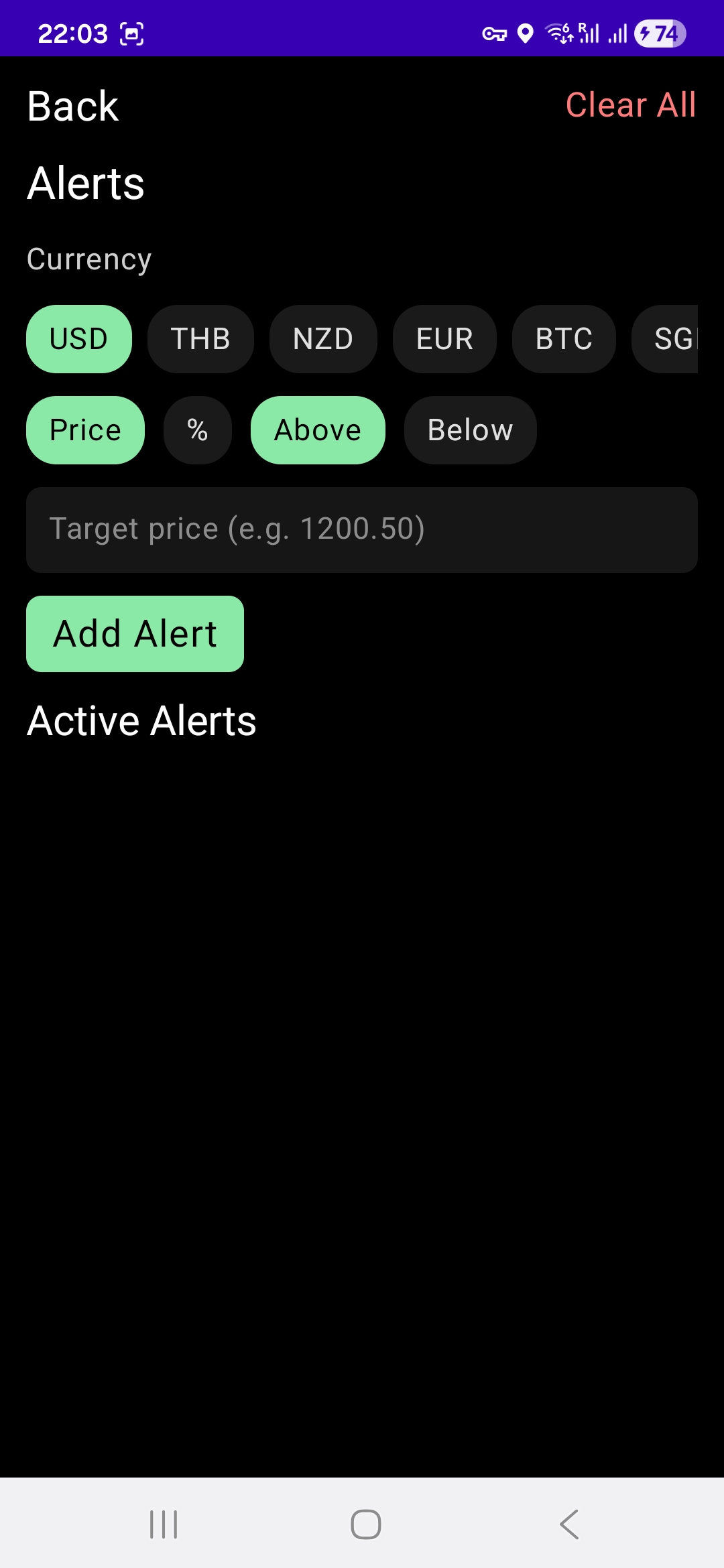 FXTrack alerts screen with currency, price, percentage, above, and below options