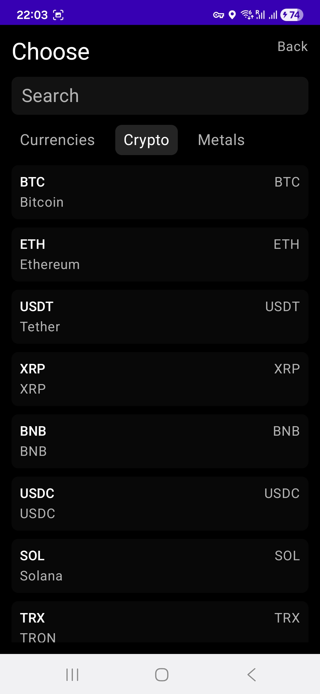 FXTrack crypto picker listing Bitcoin, Ethereum, Tether, XRP, BNB, and more