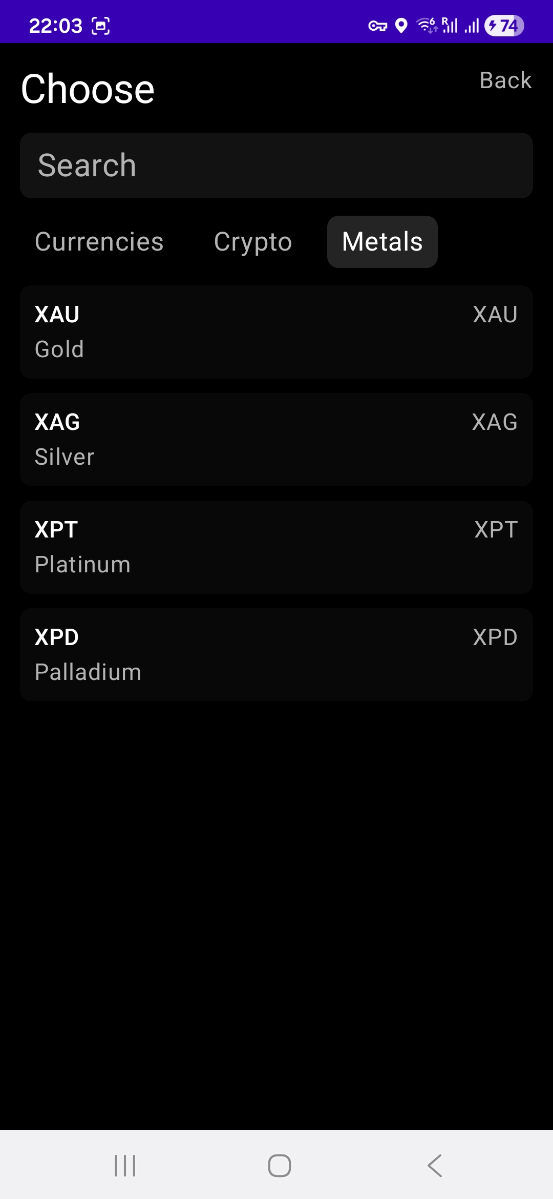 FXTrack metals picker listing gold, silver, platinum, and palladium