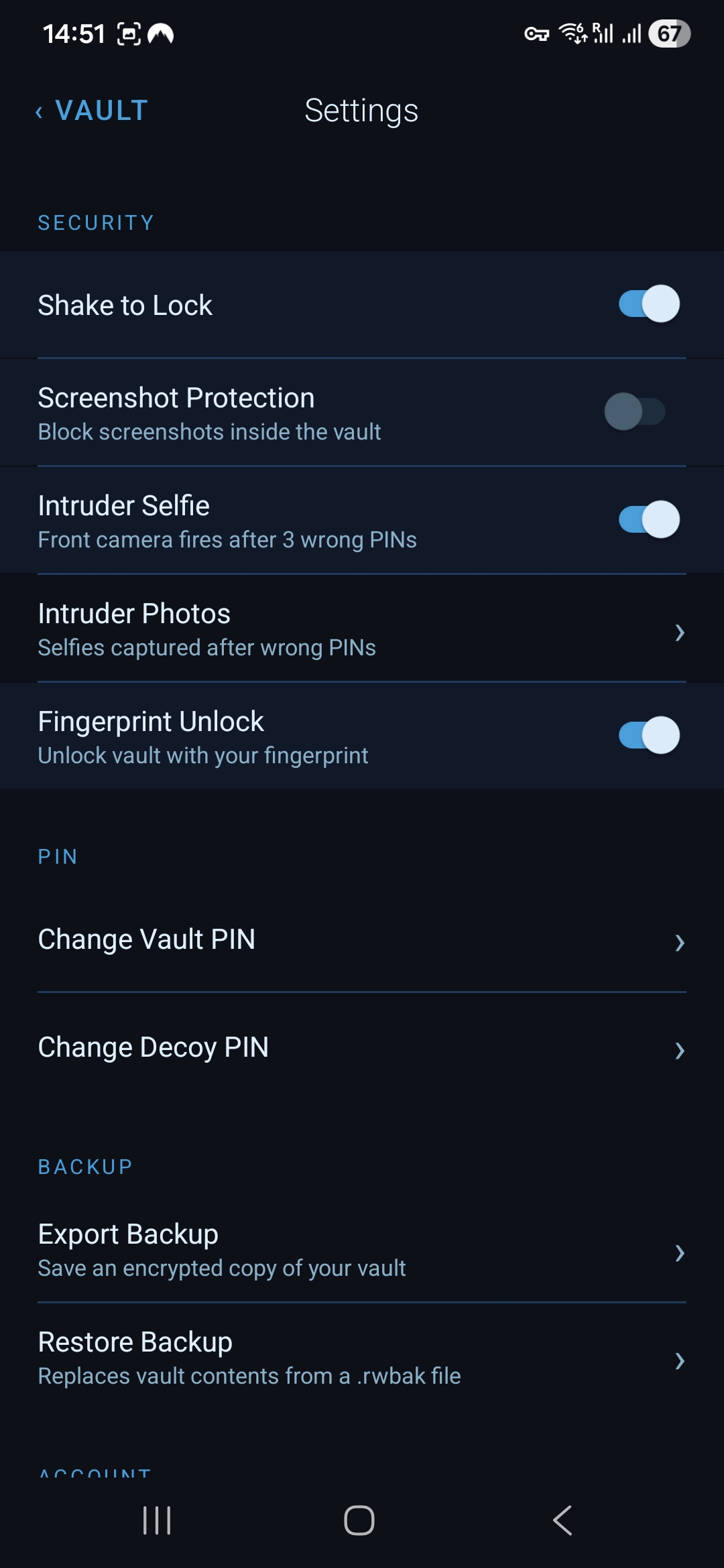 RainTrack security settings screen
